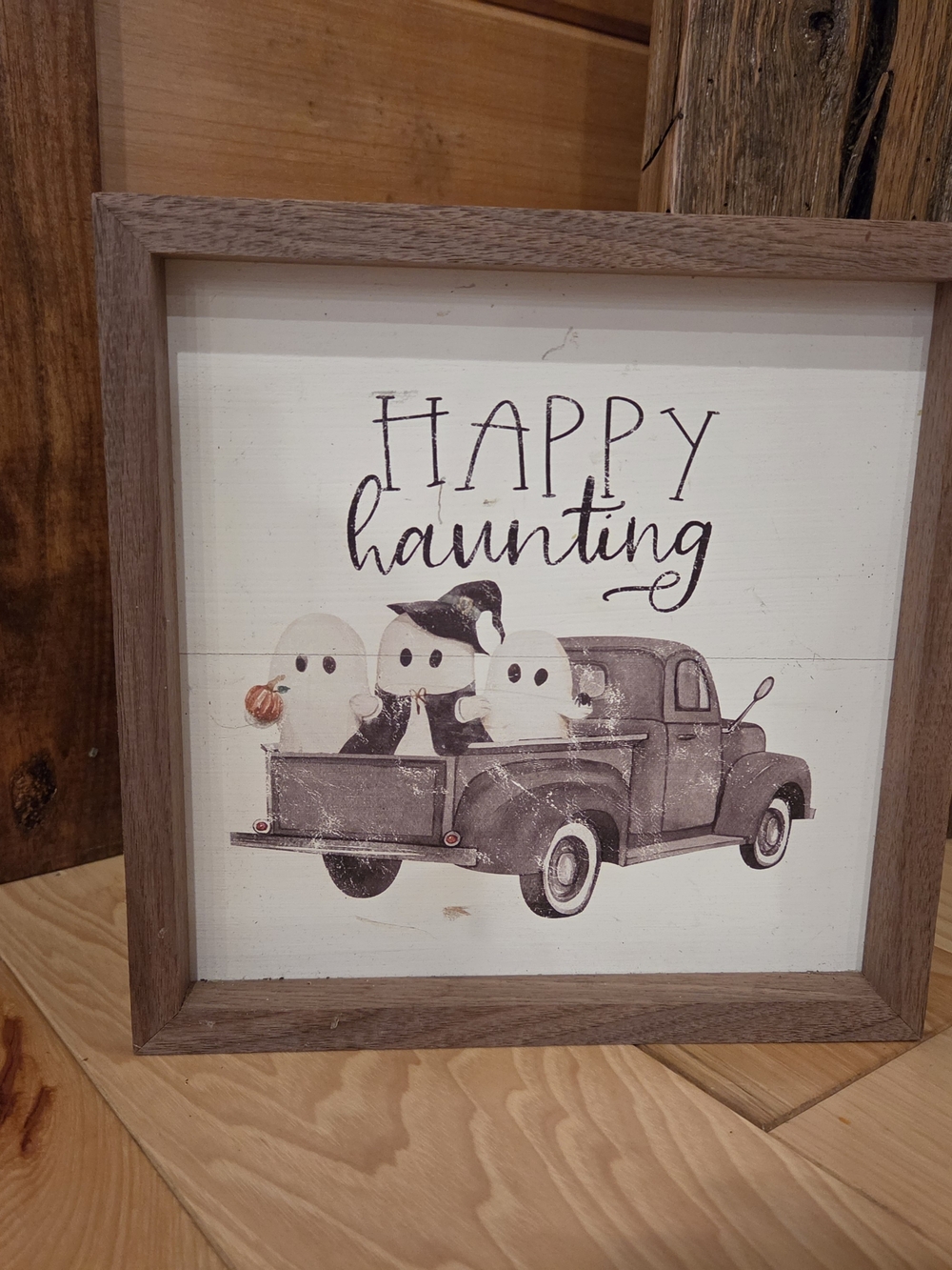 Happy Haunting Ghost Truck Framed Wall Art - Brown